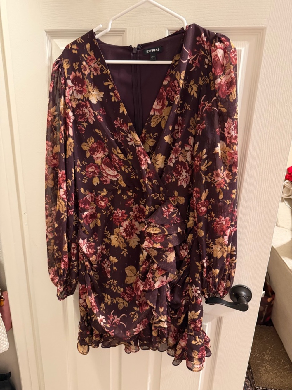 Express Plum Floral Wrap Dress with Rose and Gold Blooms